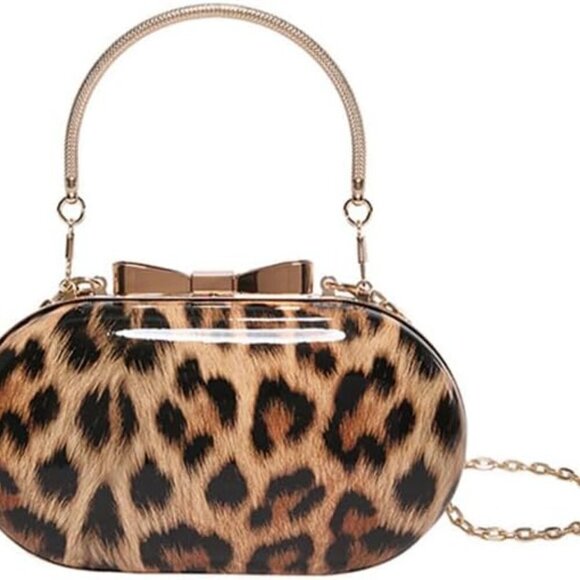 Small Leopard Print Clutch Evening Tote Bag Top Handle Cheetah Print Satchel Han - Picture 1 of 6